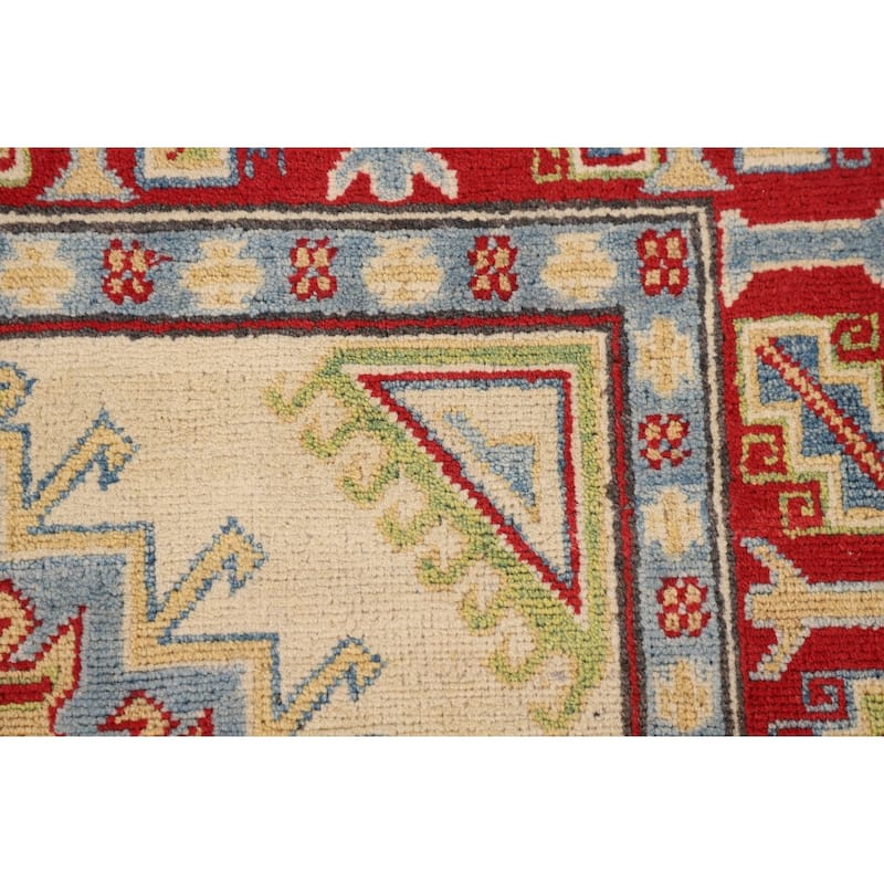 Geometric Kazak Oriental Area Rug Handmade Beige Wool Carpet - 3'11" x 6'0"