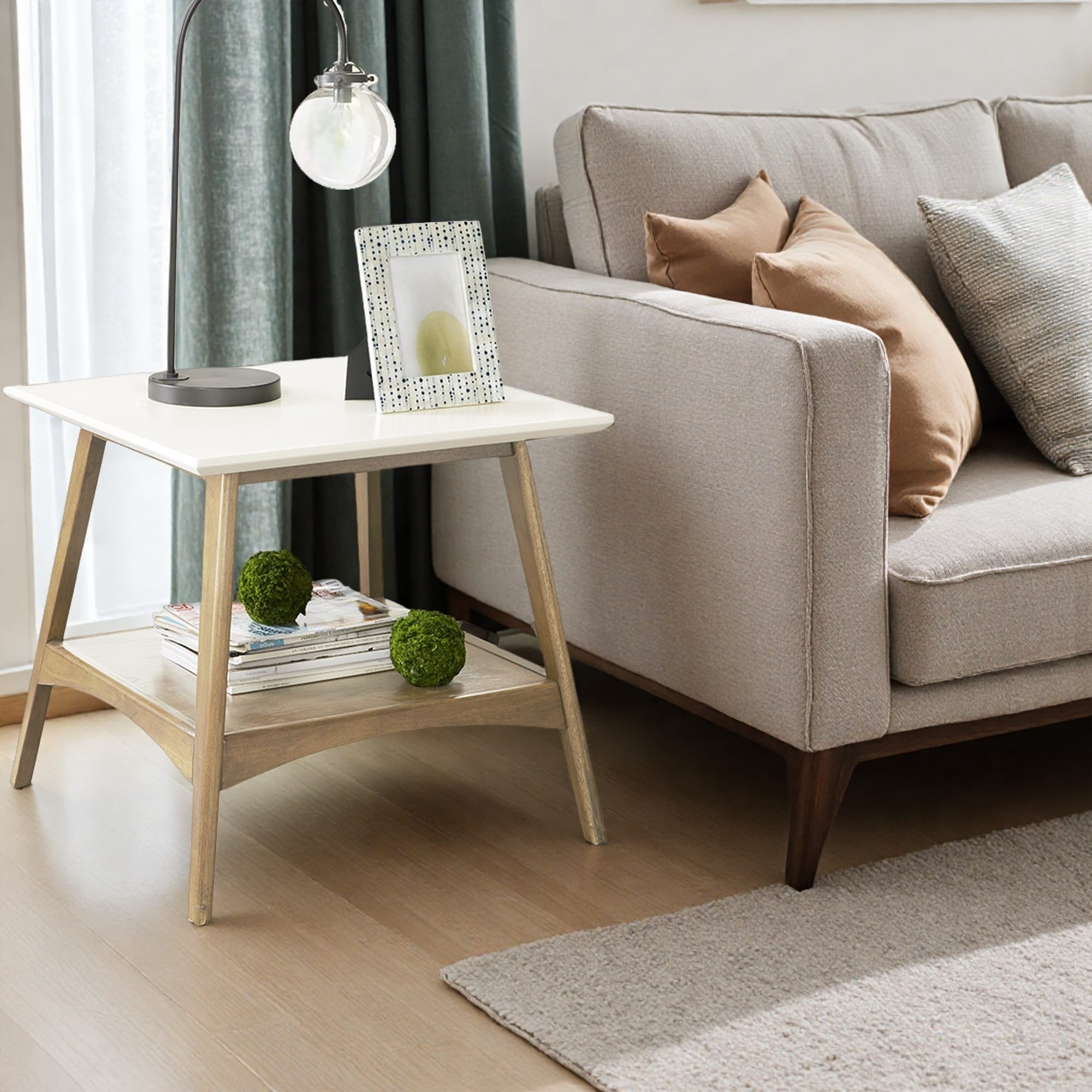 24" Solid Wood End Table with MDF Top, Lower Shelf Storage, Two-Tone Mid-Century Design, and Assembly Required