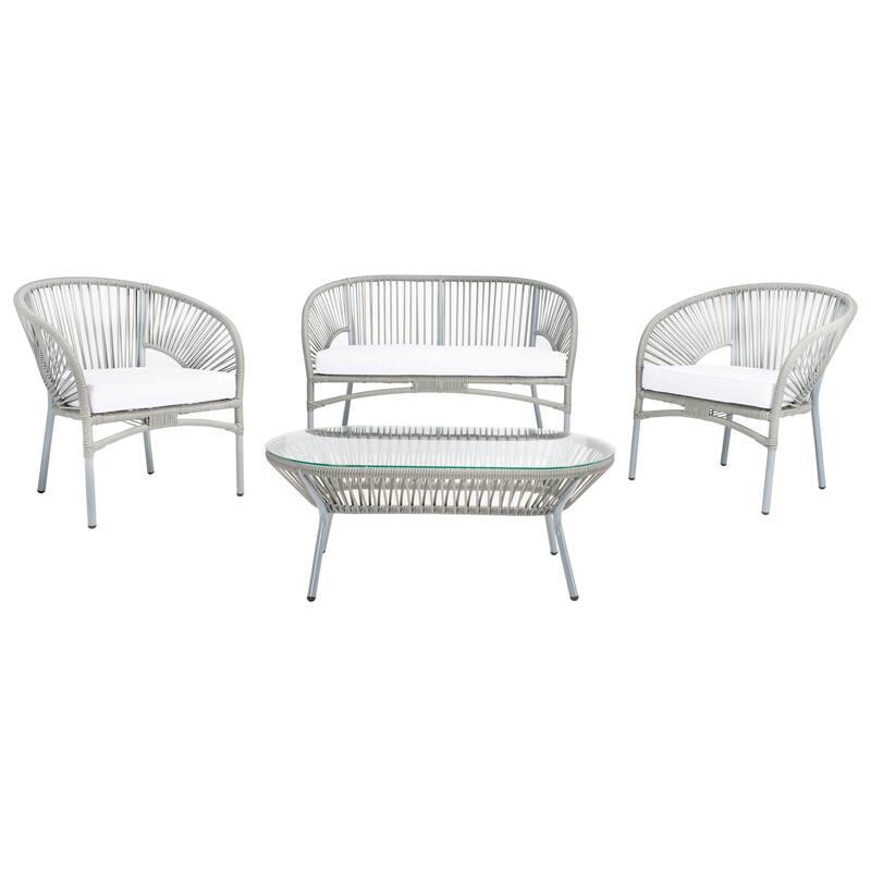 SAFAVIEH Outdoor Living Werner 4-Piece Patio Set - 48"W x 24"D x 29"H - Grey Wicker/White Cushion