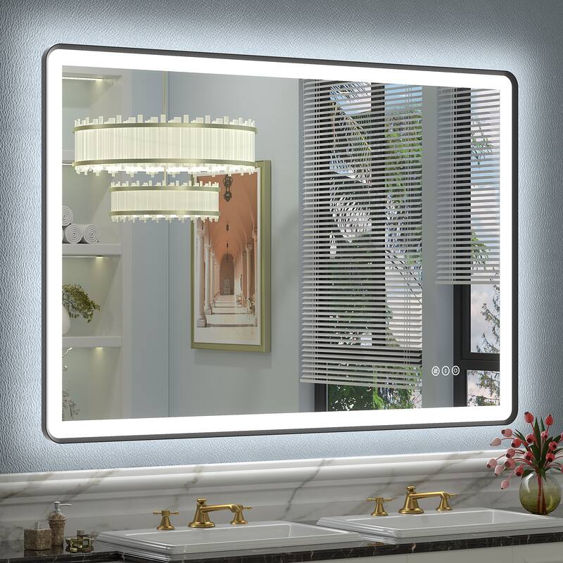 UL Certified Front & Back LED Anti-Fog Tempered Glass Framed Bathroom/Vanity Mirror 3-Year Warranty - 48" x 36"-Rounded Corner - Black
