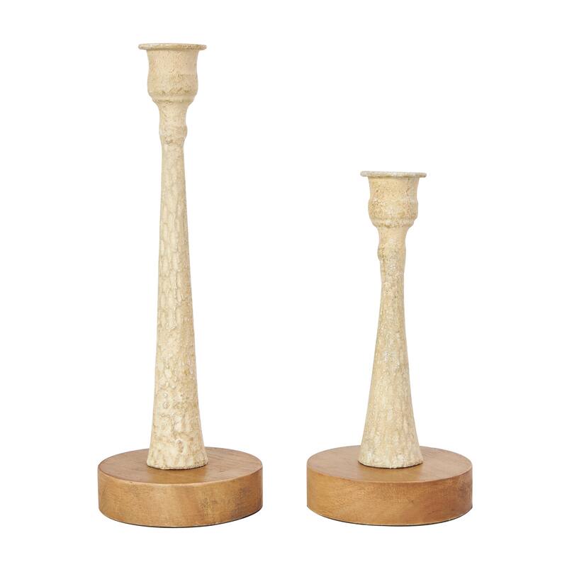 Cream or Light Blue Metal Textured Tapered Candle Holder with Brown Wood Bases (Set of 2)