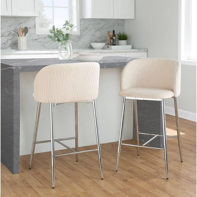 Lumisource Waves Counter Stool in Chrome and Silver Velvet - Set of 2 - 21"Lx19.75"Wx36"H