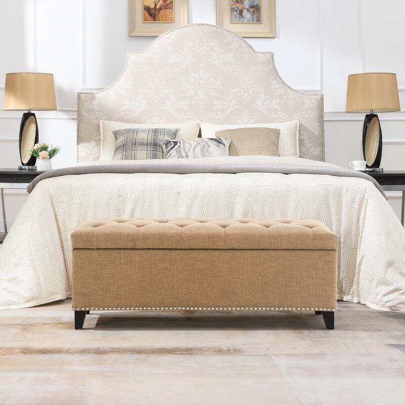 47.5" Storage Ottoman, Storage Bench with Safety Close Hinge, Linen Button-Tufted Ottoman for Living Room, Support 500lbs