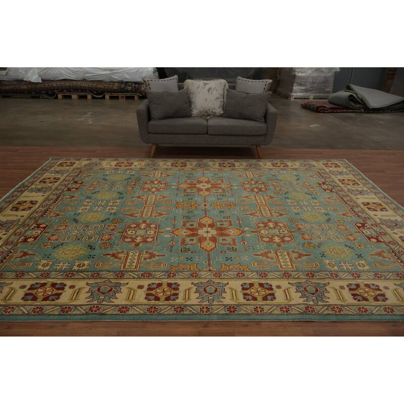 Hand Knotted Oriental 100% Wool Carpet Traditional Geometric Navy Blue & Blues Kazak Area Rug - 11' 11'' X 8' 11''