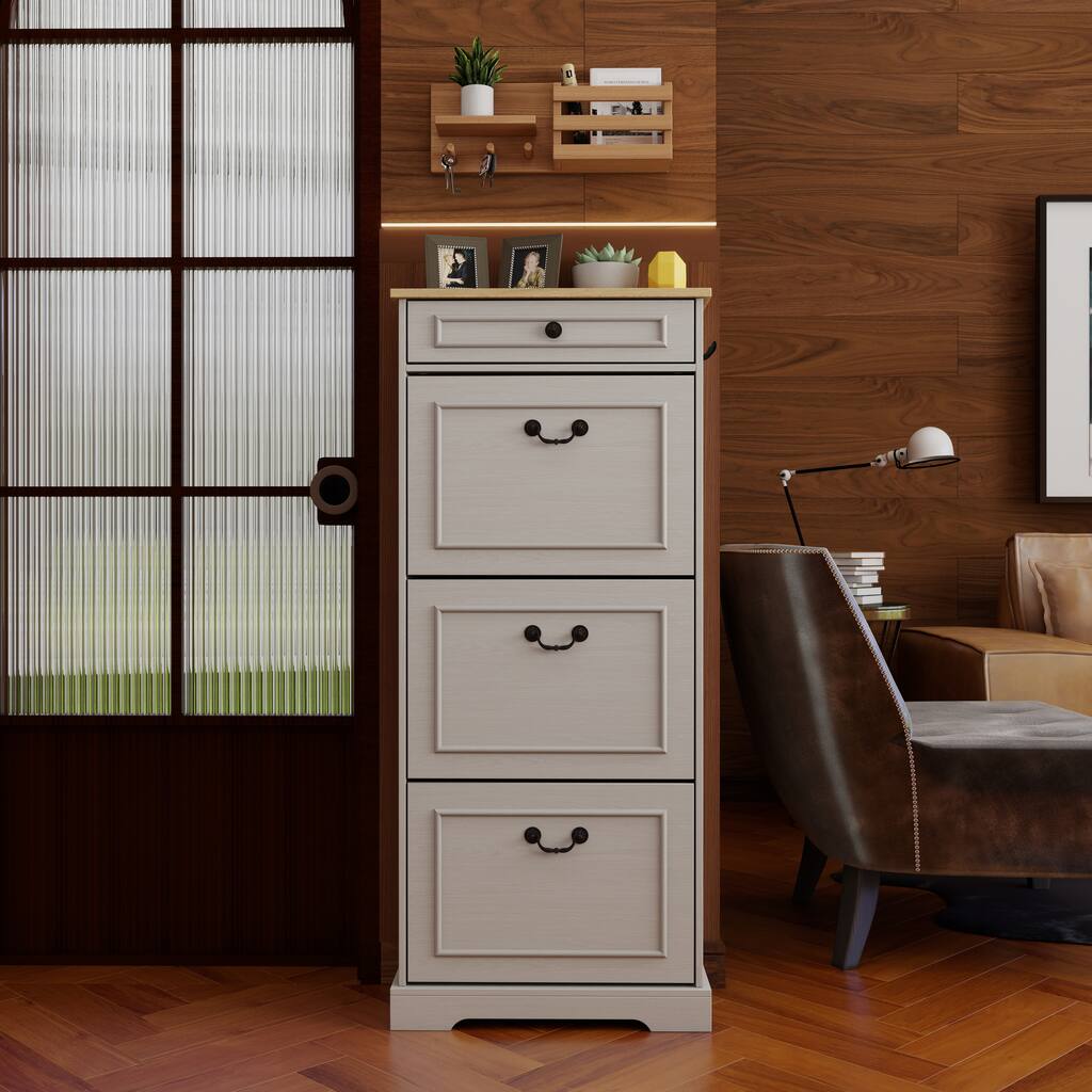 Anmytek Antique White Narrow Shoe Organizer Cabinet - 1 Drawer and 3 Flip Drawers