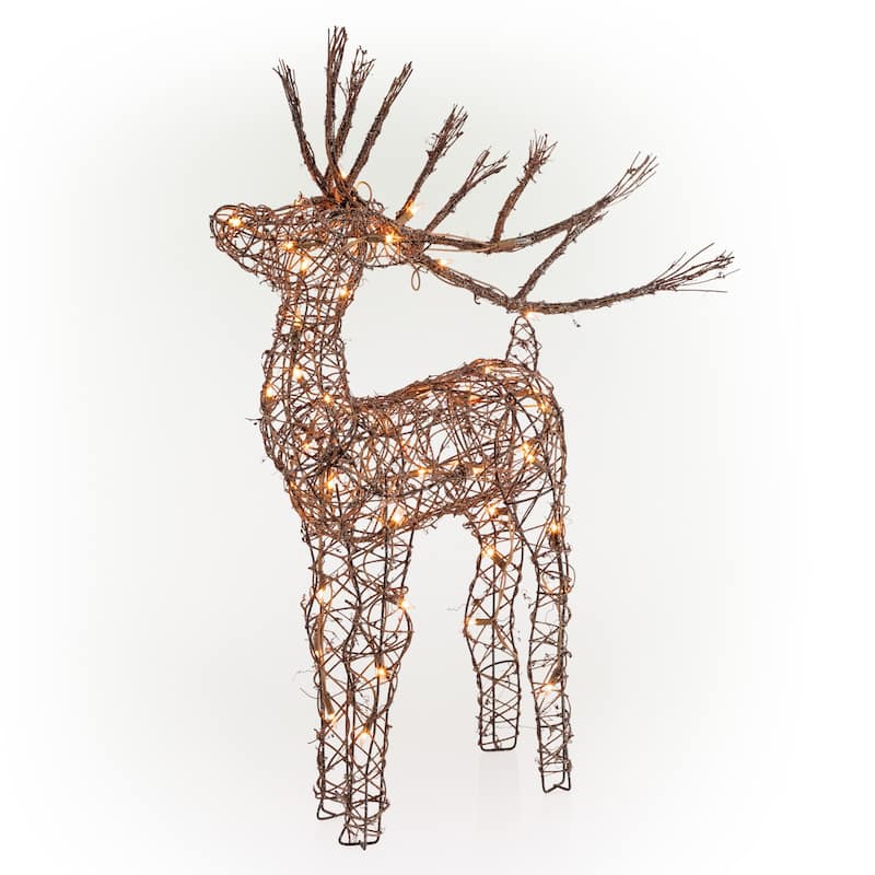 Alpine Corporation 35"H Outdoor Rattan Holiday Reindeer Lawn Decoration with White Lights , Christmas Decoration
