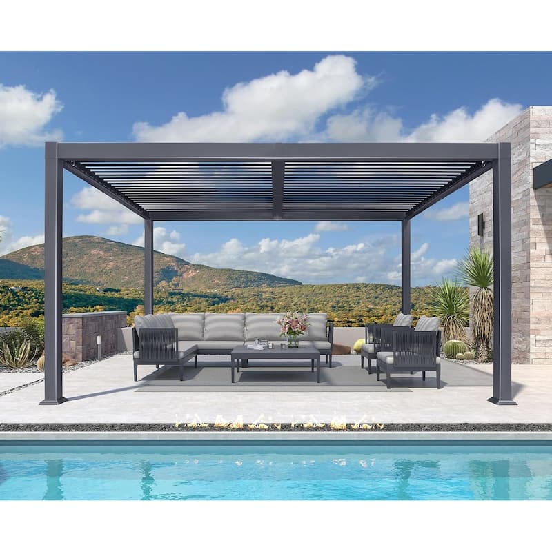 PURPLE LEAF Louvered Pergola Sun Shade Shelter with Adjustable Metal Roof for Patio Hardtop Pergola - 10' x 14' - Grey