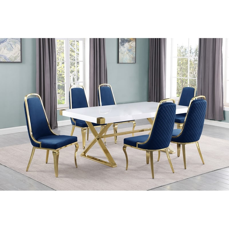 Best Quality Furniture D440/1-SC310-7 Dining Set with 78" White Lacquer Wood Top - 7-Piece - Navy Blue / Gold