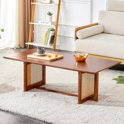 Chinese Log Rattan Coffee Table, Rectangular Solid Wood Coffee Table Small Family living Room Tea Table