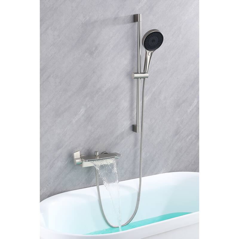 Ella Laydown 30x60 Walk in Bathtub, Waterfall Wall Mount Faucet, Hand Shower, Slider Bar in Brushed Nickel