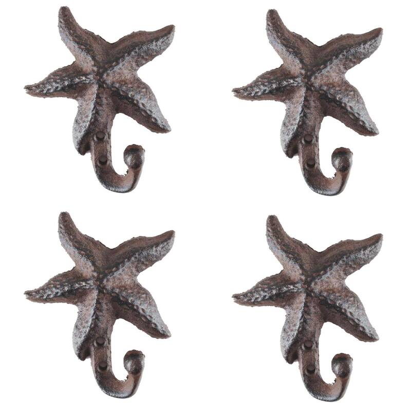 Antiqued Starfish Single Hook Set of 4 Cast Iron Reproduction - Brown