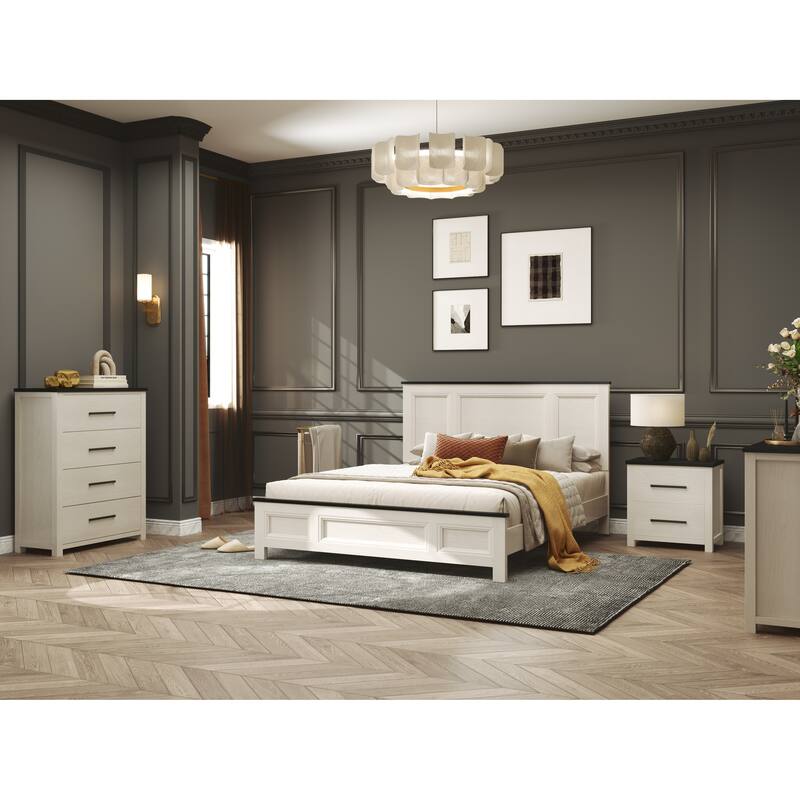 Roundhill Furniture Realynn 5-Piece Wood Bedroom Set, Panel Bed with Dresser, Mirror, Chest, and Nightstand, Off-White Finish
