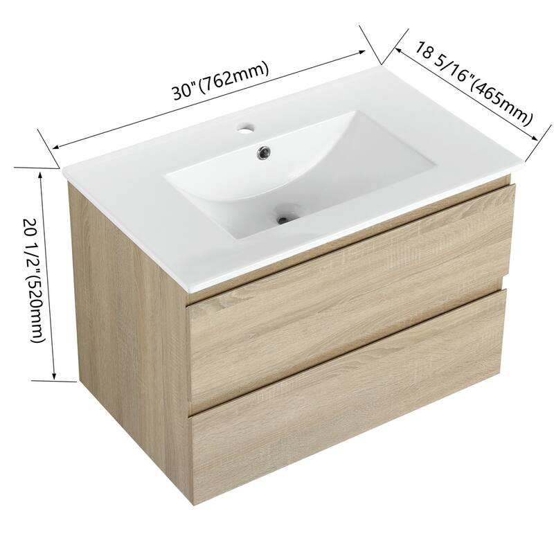 30" Wall-Mounted Bathroom Vanity w/Ceramic Sink,2-Soft Close Drawers
