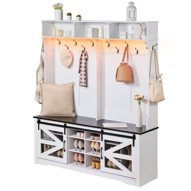 59 Inch Hall Tree Bench with LED Light Coat Rack and Shoe Storage - 59.28” x 16.44” x 67.8”