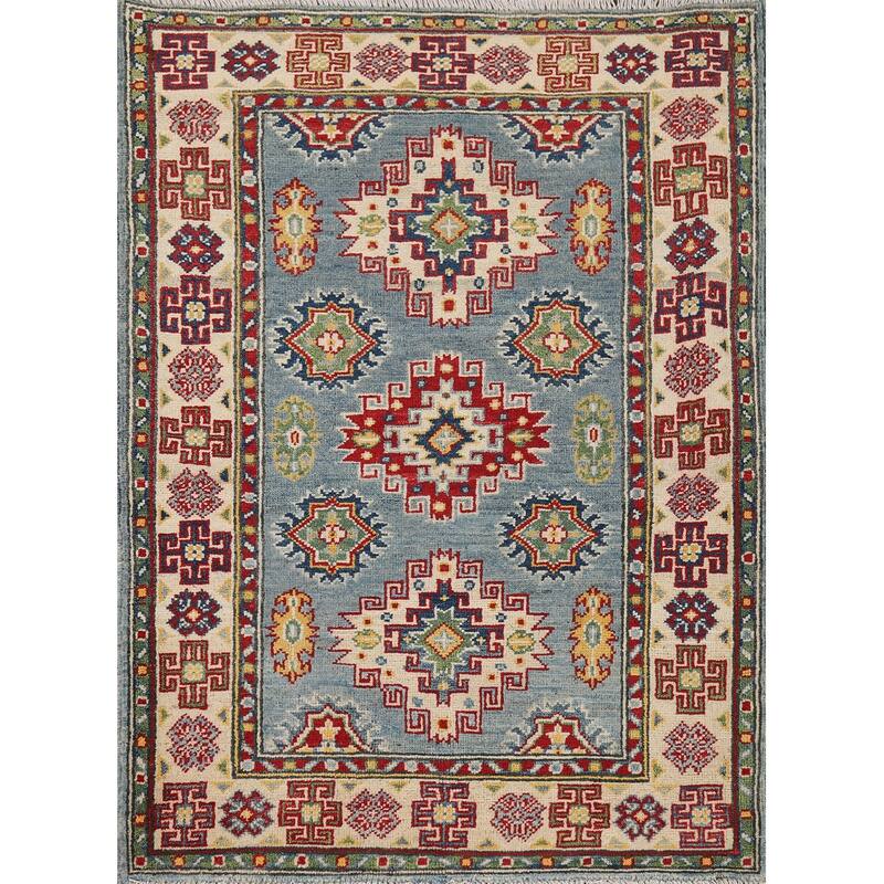 Light Blue Kazak Foyer Rug Hand-Knotted Traditional Wool Carpet - 2'11" x 3'11"