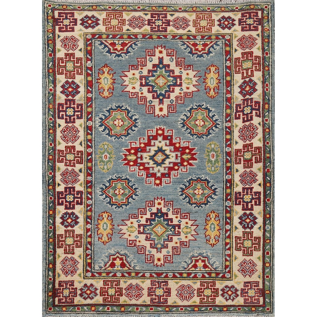 Light Blue Kazak Foyer Rug Hand-Knotted Traditional Wool Carpet - 2'11" x 3'11"