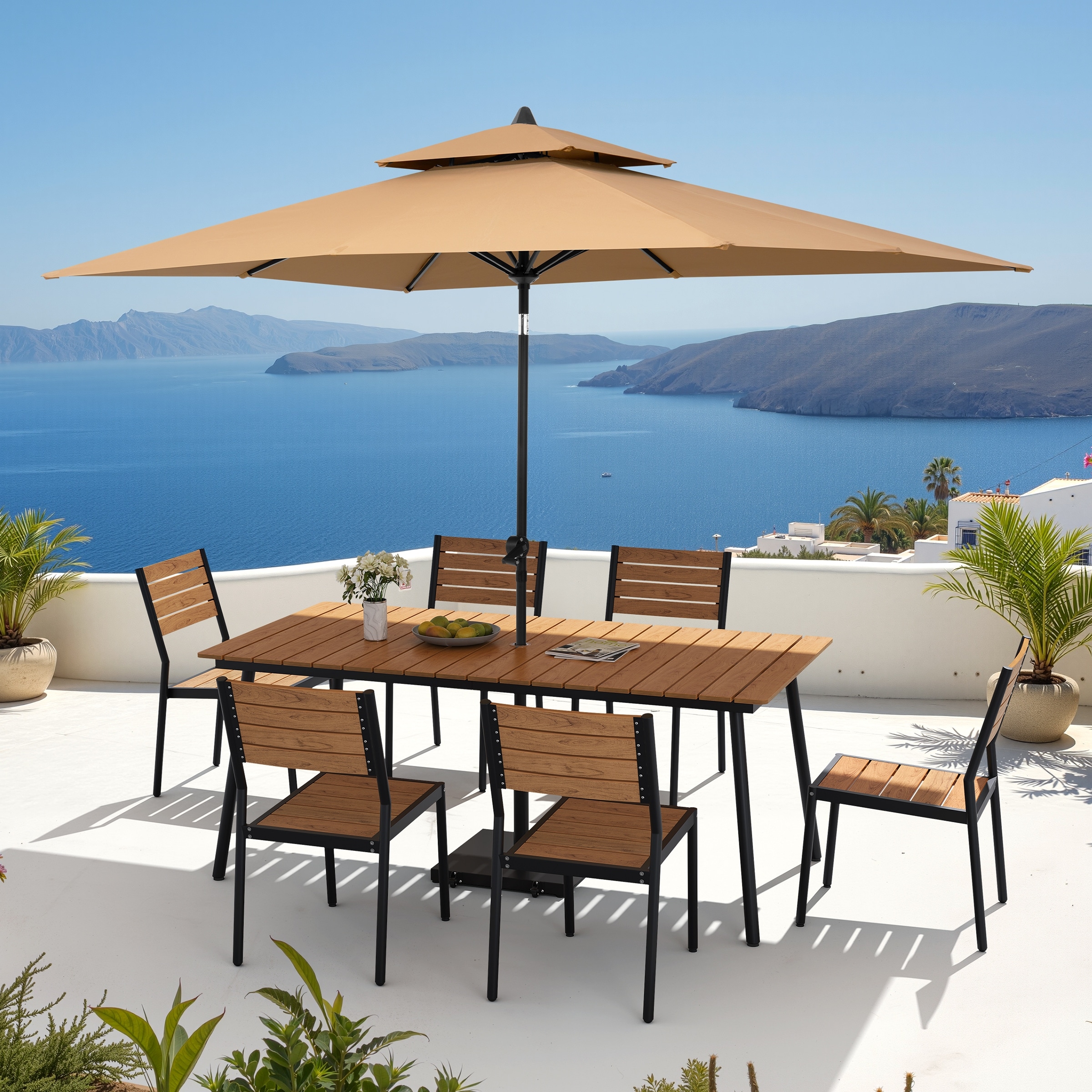 9PC Outdoor Patio Dining Set Aluminum Table with Stackable Chairs w/ Premium Market Umbrella Sets
