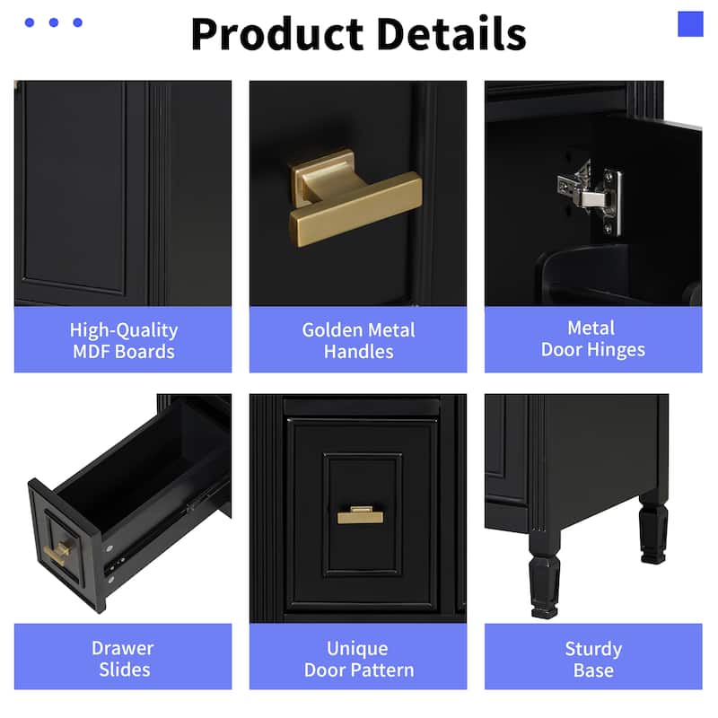 Modern 24-Inch Bathroom Vanity with Ceramic Sink, Solid Wood and MDF Cabinet with Flip Drawer, Drawers, and Adjustable Shelf