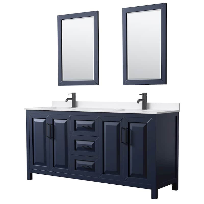 Daria 72-inch Double Vanity, Single Hole Quartz Top, 24-inch Mirrors - Dark Blue, Black Trim, White Quartz Top