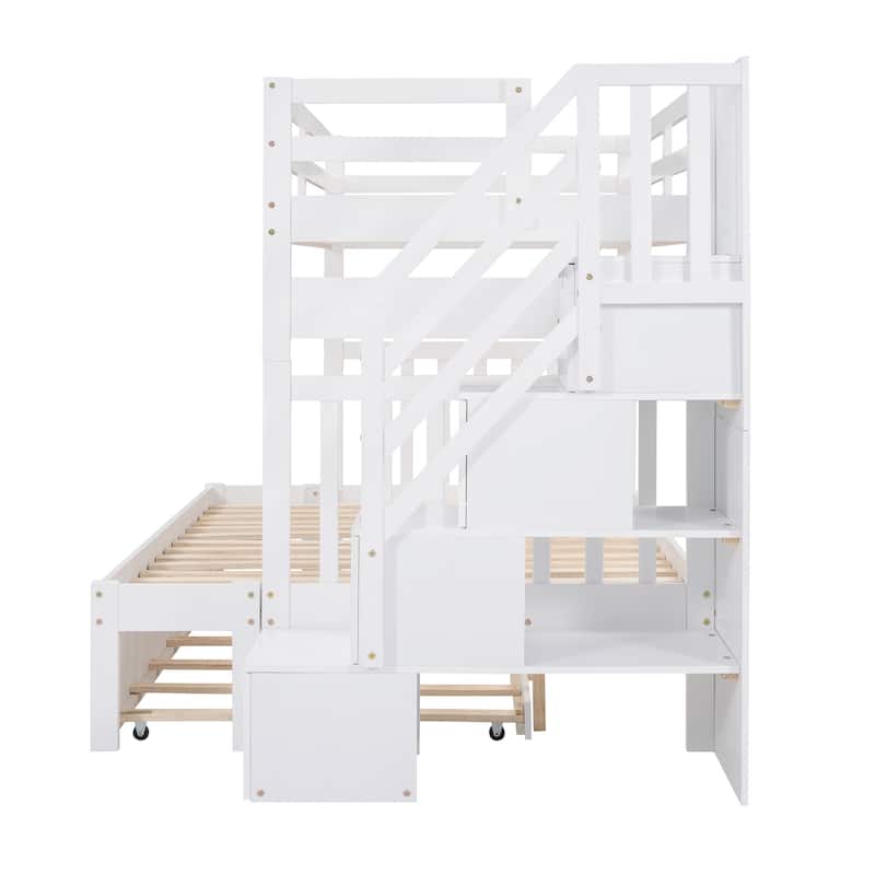 Roomfitters Twin Over Twin Bunk Bed with Staircase, Storage Drawers and Trundle, White