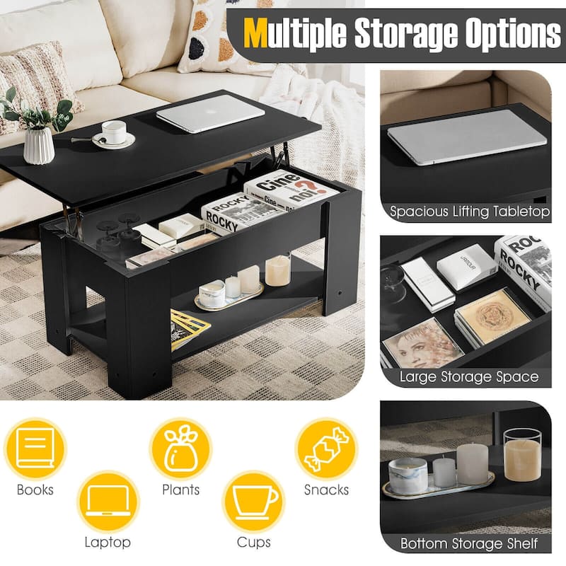 Modern Coffee Table with Lift Top and Large Hidden Storage Space - 38.5" x 20"/29" x 16.5"