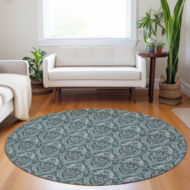 Machine Washable Indoor/ Outdoor Damask Chantille Rug - Teal - 8' x 8'