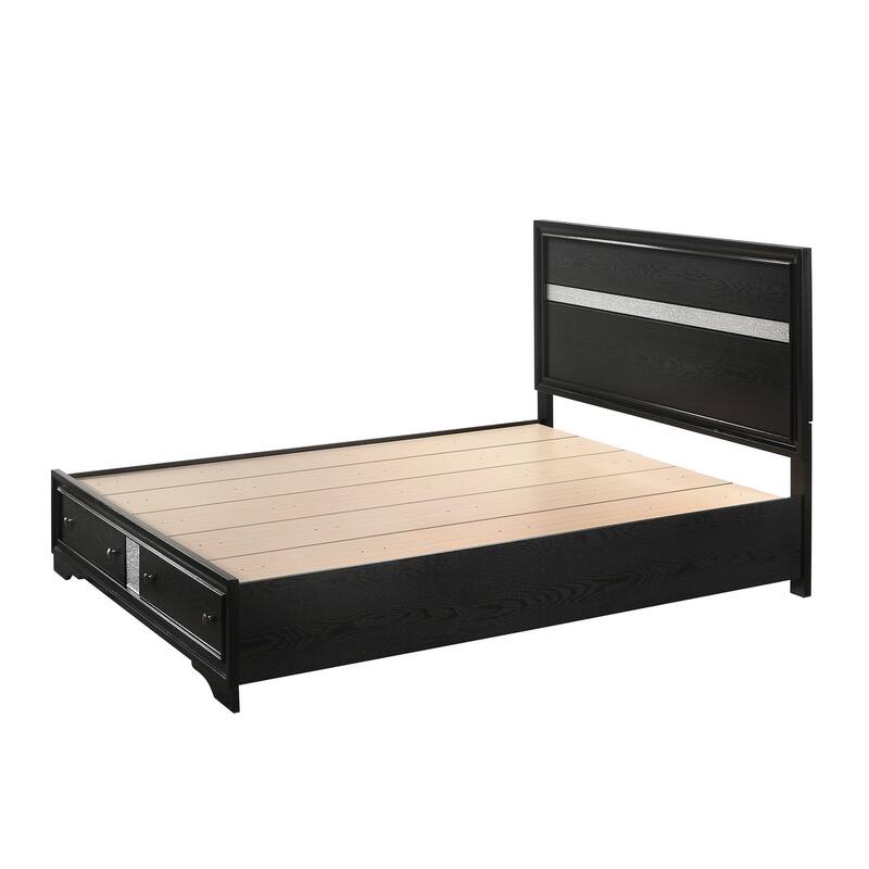 Queen Platform Bed with Storage Drawers, Black Silver Finish, Solid Wood Design