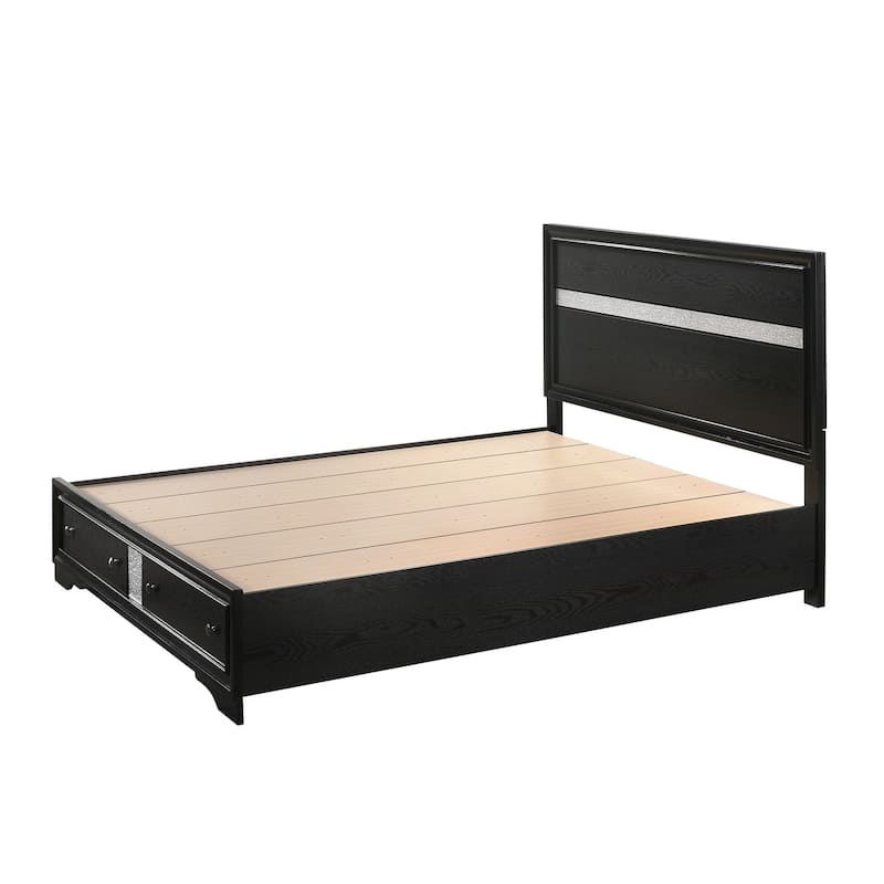 Queen Size Wood Platform Bed with Storage Drawers and Shimmering Silver Accents