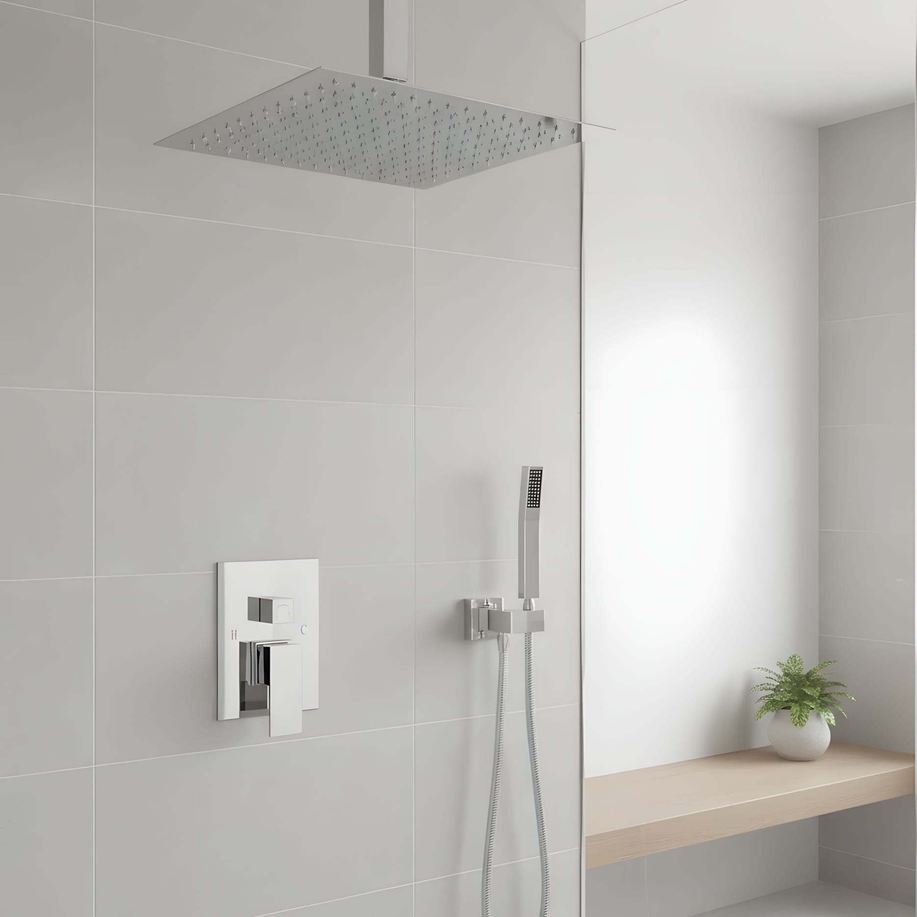 Ceiling-Mounted Square Shower System and Handheld Showerhead Set