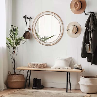 27.5 inches Round Wall Mirror for Bathroom Vanity, Wooden Farmhouse Circle Mirrors, Whitewash Edge Decorative Mirror for Home