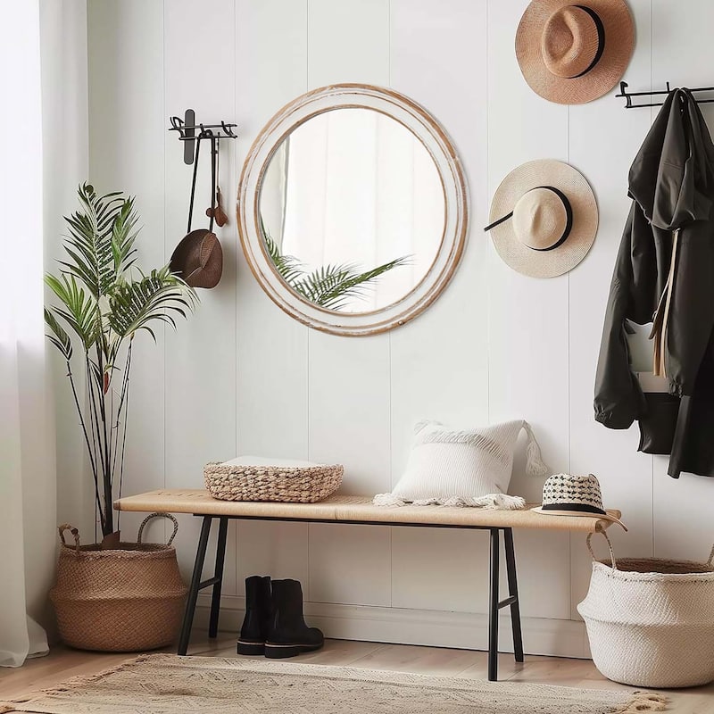 35.4" Wooden Farmhouse Round Wall Mirror for Bathroom Vanity