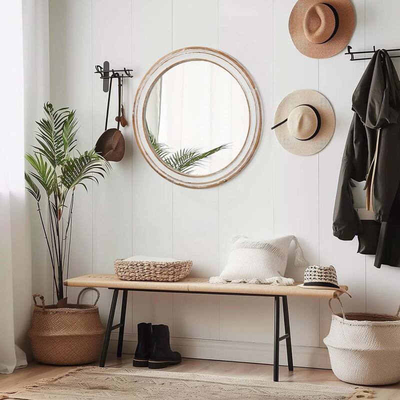 Round Wooden Farmhouse Wall Mirror - Whitewash Edge, Bathroom Vanity, Home & Office - Antique Natural