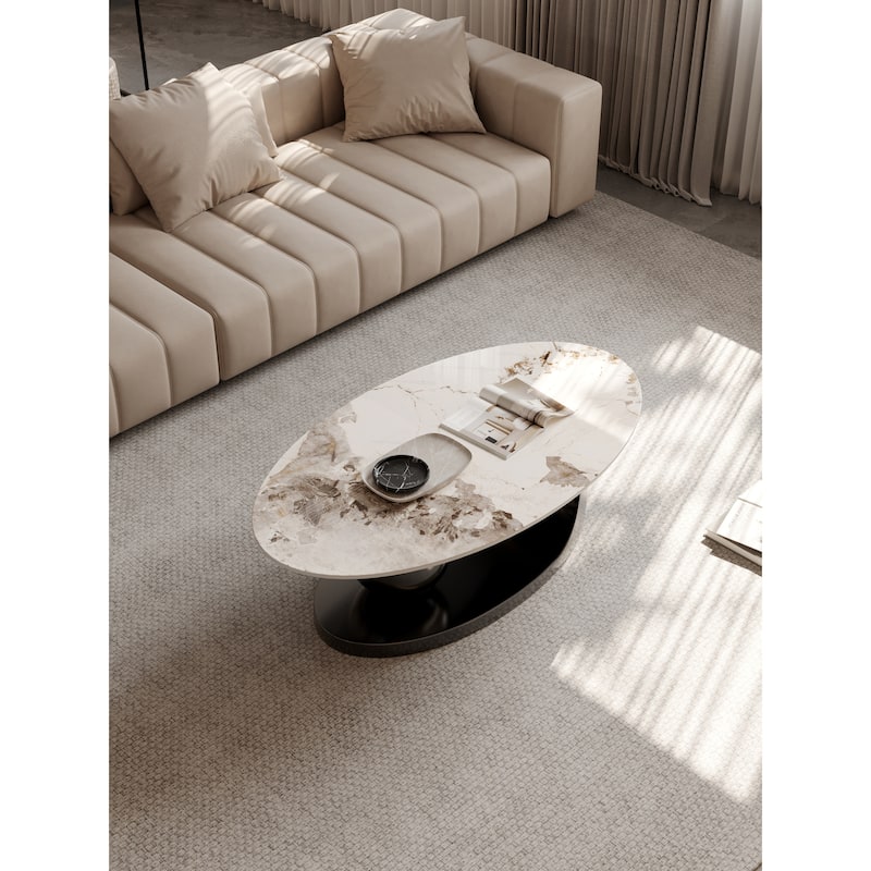 51" Modern Pandora Oval Coffee Table with Glossy Sintered stone top, Luxury Coffee Table, Stainless Steel Legs for Livingroom