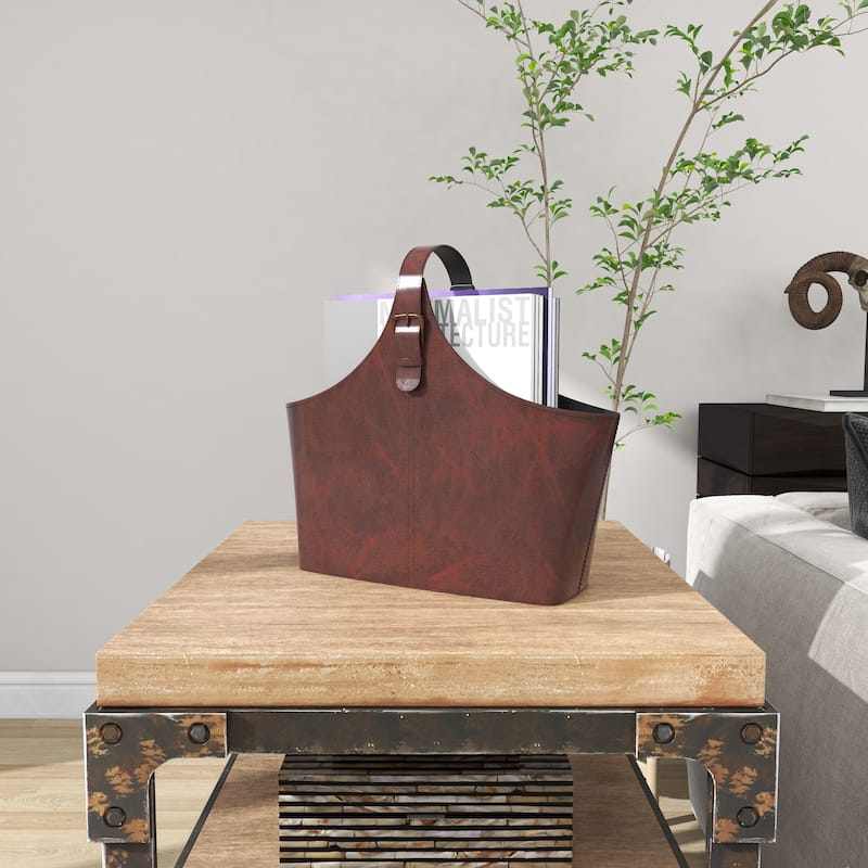 Brown, Dark Brown, Gray or Black Leather Handmade Box Style Single Slot Decorative Magazine Holder with Curved Buckle Handle