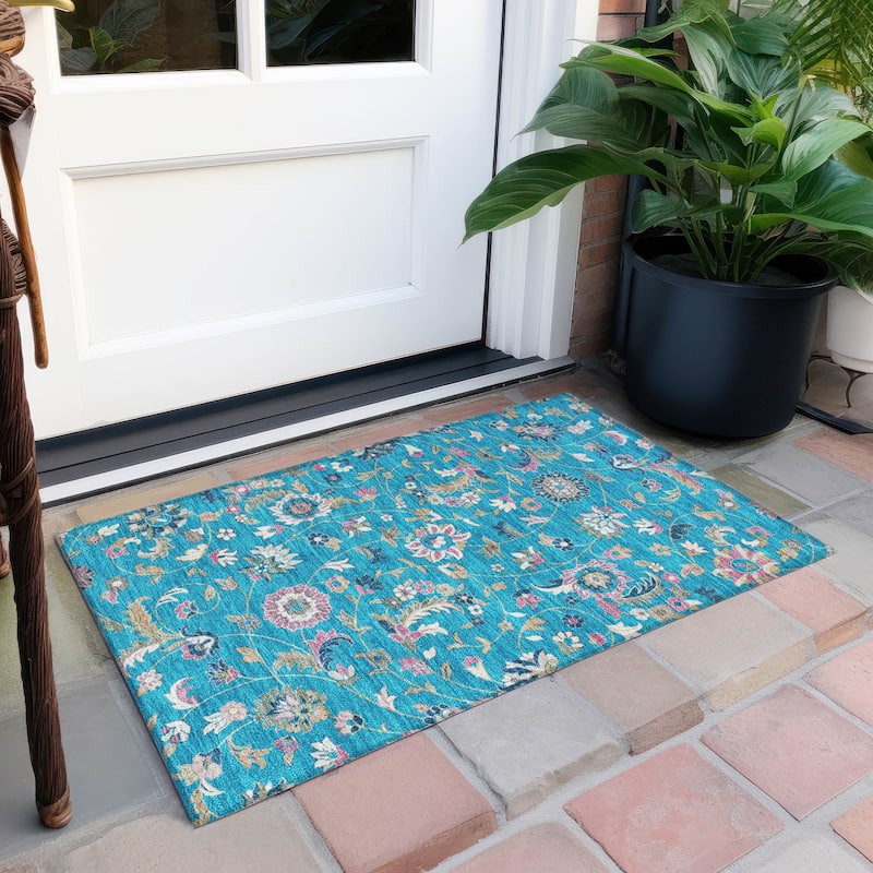 Machine Washable Indoor/ Outdoor Traditional Chantille Rug - Teal - 1'8" x 2'6"