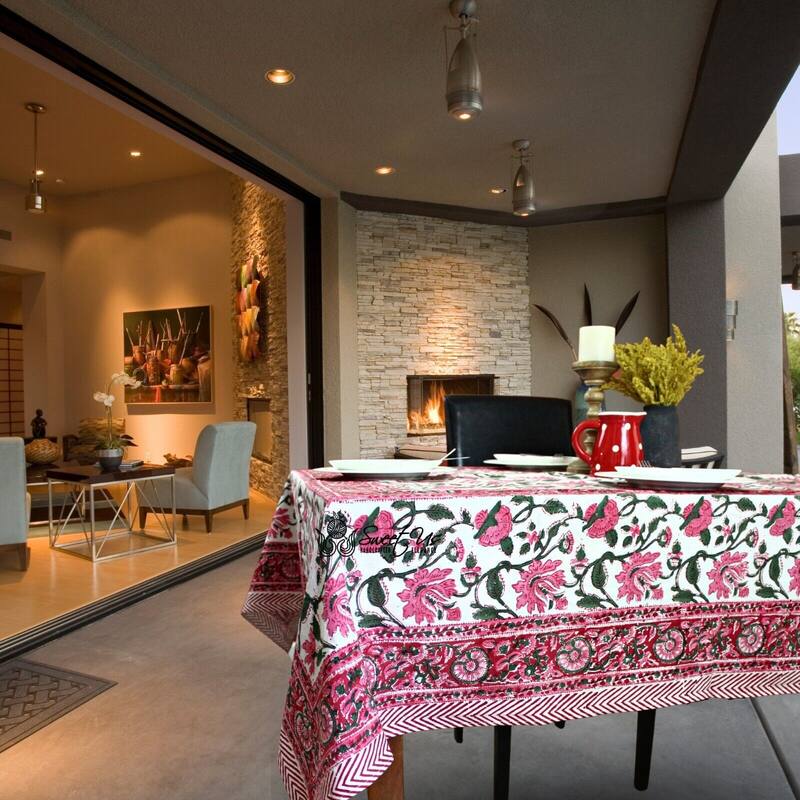 Romantic Floral Block Print Tablecloth Collection - 70 x 102 in