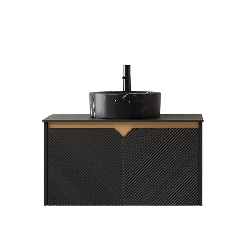 GDFStudio - Ruben Modern Floating Bathroom Vanity with Twill Double Doors, Metal Trim & Black Sintered Stone Countertop