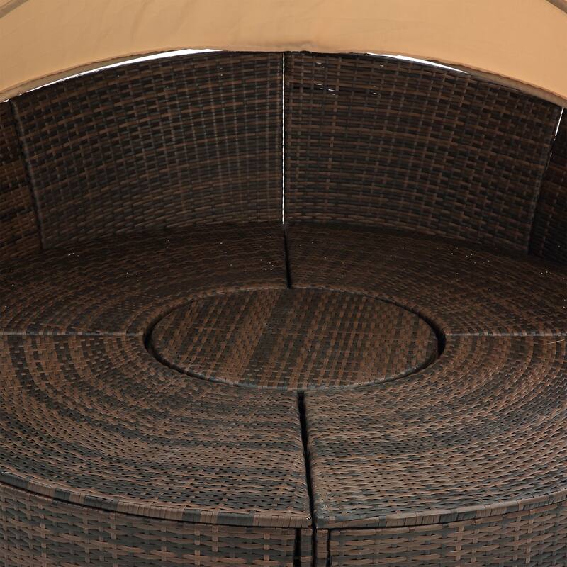Round Outdoor Rattan Daybed with Adjustable Canopy, with Navy Cushions and Lift Coffee Table