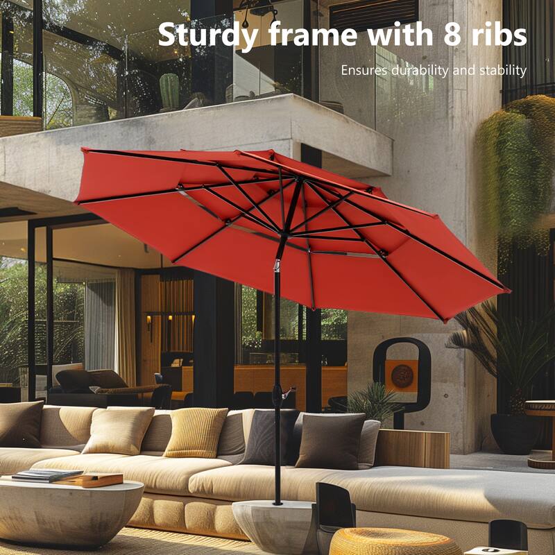 MAISON ARTS 6-Piece Outdoor Dining Set with 10ft 3 Tier Auto-tilt Umbrella, Metal Square Table & 4 Stackable Chairs