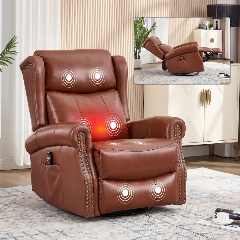 360° Swivel Rocking Recliner with Heat & Massage, Genuine Leather - Red