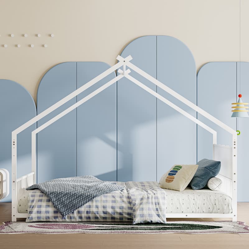 Full Size Canopy House Bed with LED Lights, Sturdy Metal Frame & Slats for Kids & Teens, No Box Spring Needed (White)