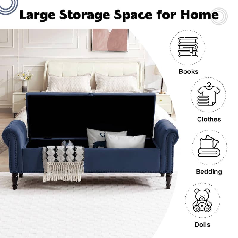 67" Velvet Tufted Storage Bench for Bedroom End of Bed with Roll Arms