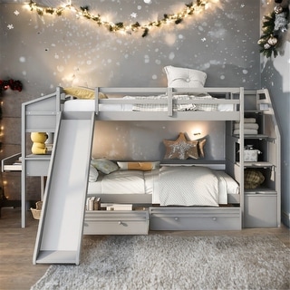 Twin over Twin Bunk Bed with Storage Staircase, Slide, and Multifunctional Desk with Drawers and Shelves