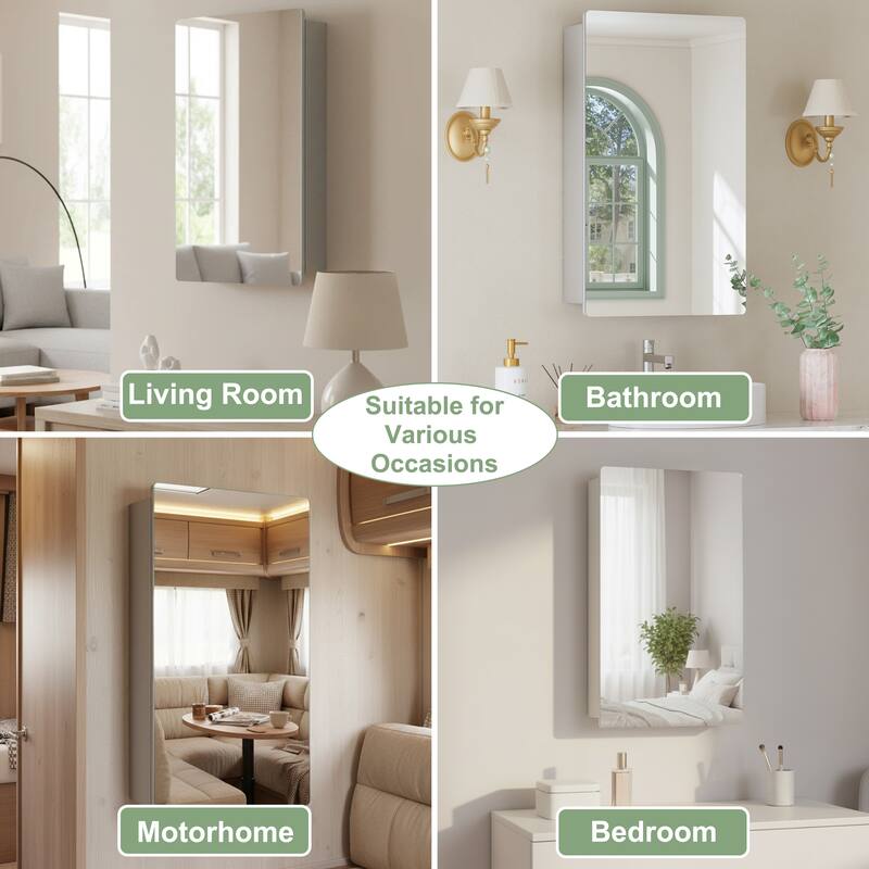 Mira Rectangular Frameless Medicine Cabinet with Mirror, Sliding Adjustable Glass Shelves, Reversible Door