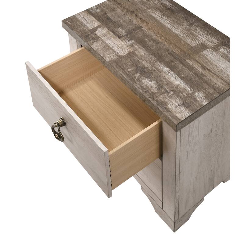 Distressed Driftwood Finish Nightstand with Weathered Brown Top and Ring Pull Hardware