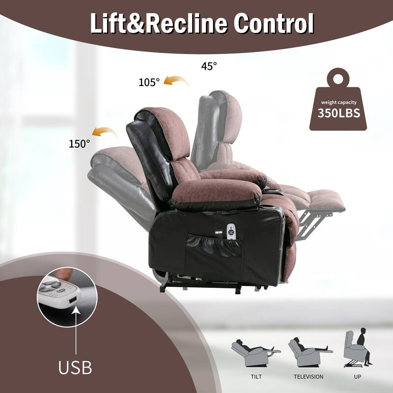 Power Lift Fleece Leather Recliner Chair for Elderly with Vibration Massage and Heat and USB & Cup Holders, for Living Room
