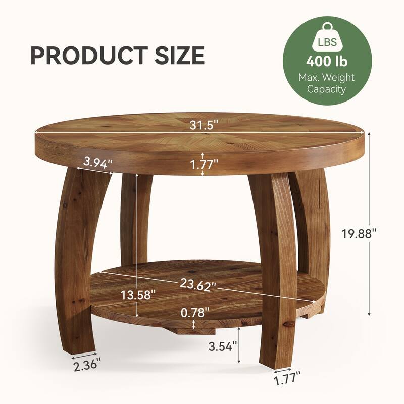 31.5 Inch Solid Wood Round Coffee Table with Storage