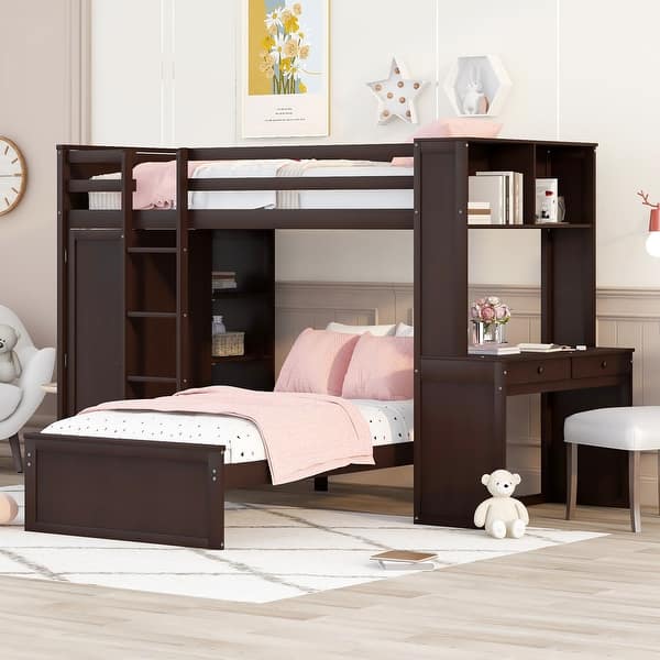 slide 2 of 56, Multifunctional Design Loft Bed with Ladder, Wardrobe, Desk and Bookshelves, Full size Espresso