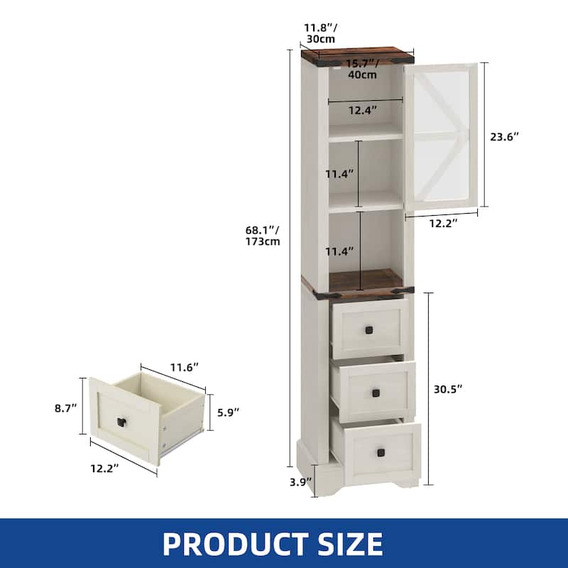 Moasis Farmhouse 67" Tall Linen Tower Bathroom Cabinet with 3 Drawers