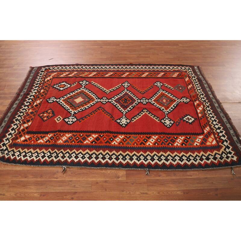 Red Kilim Qashqai Persian Vintage Area Rug Flatweave Wool Carpet - 5'0"x 7'6"